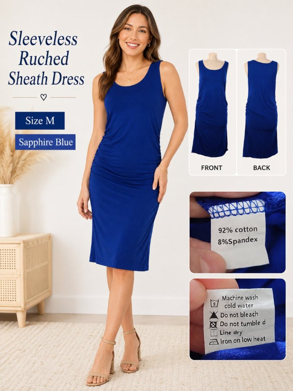 Sapphire Blue Sleeveless Ruched Sheath Dress Size M Cotton Spandex Stretch